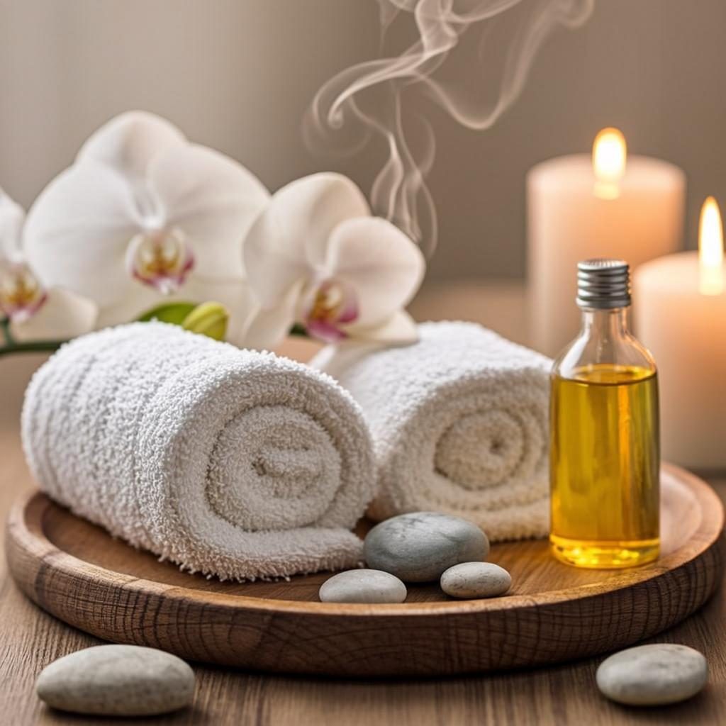Spa still life with towels, stones and aroma oils