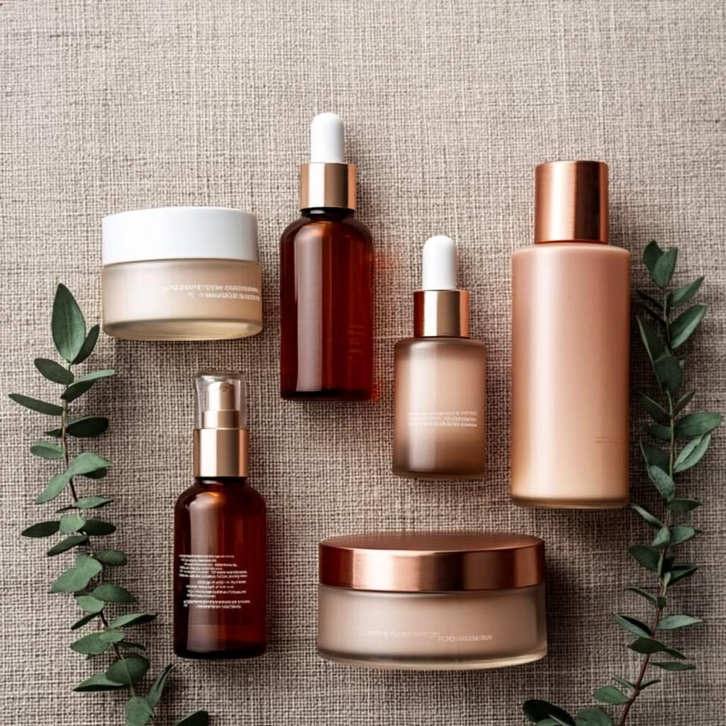 Amber and blush beauty bottles flat lay