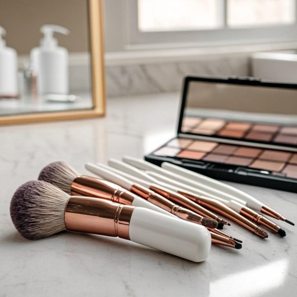 Rose-gold makeup brushes and warm eyeshadow palette