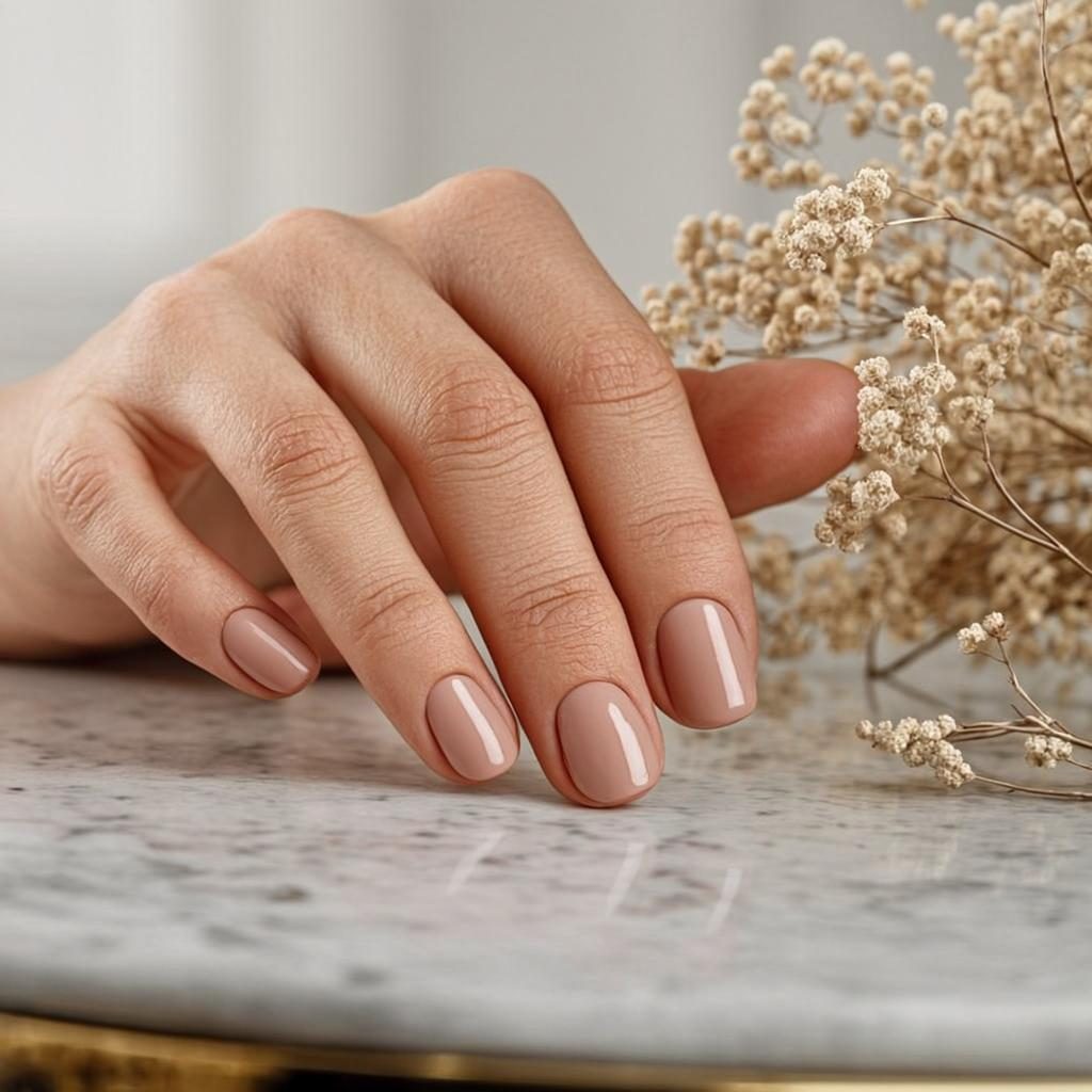 Blush manicure resting on marble with dried flowers