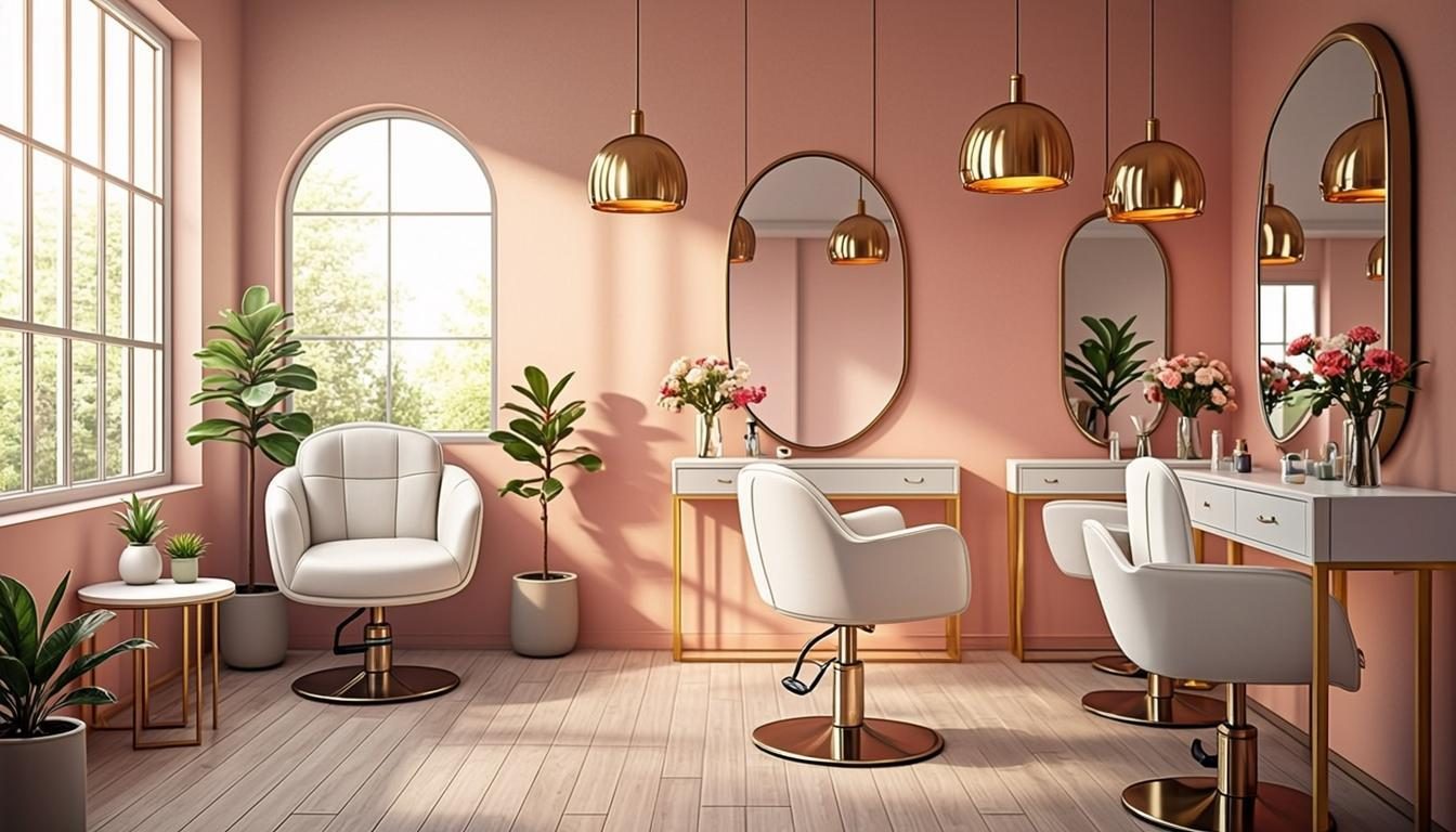Glow Studio styling stations with round mirrors and gold accents