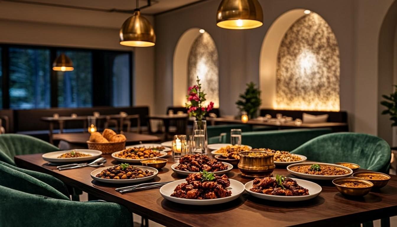 Warm dining room of the Spice Route demo restaurant with brass pendant lights