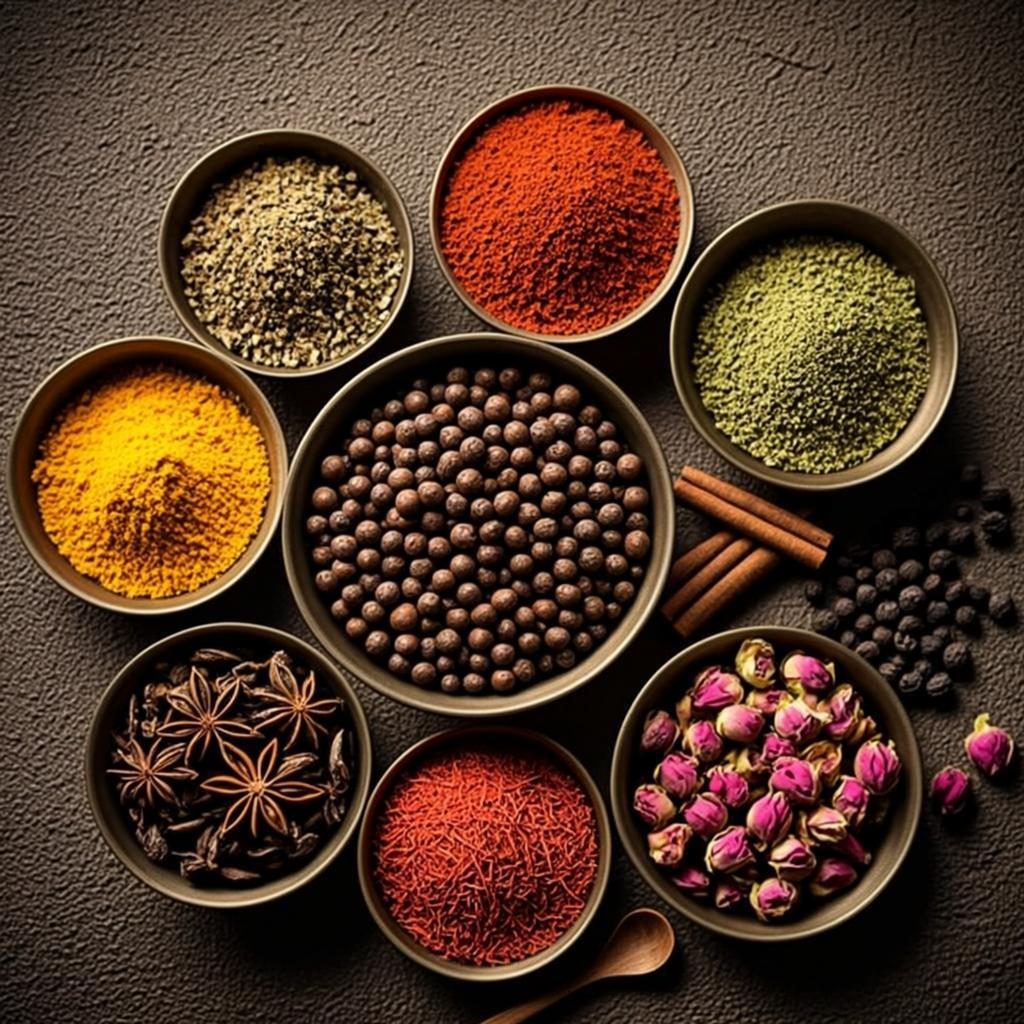 Flat lay of Indian spices in copper bowls (demo image)